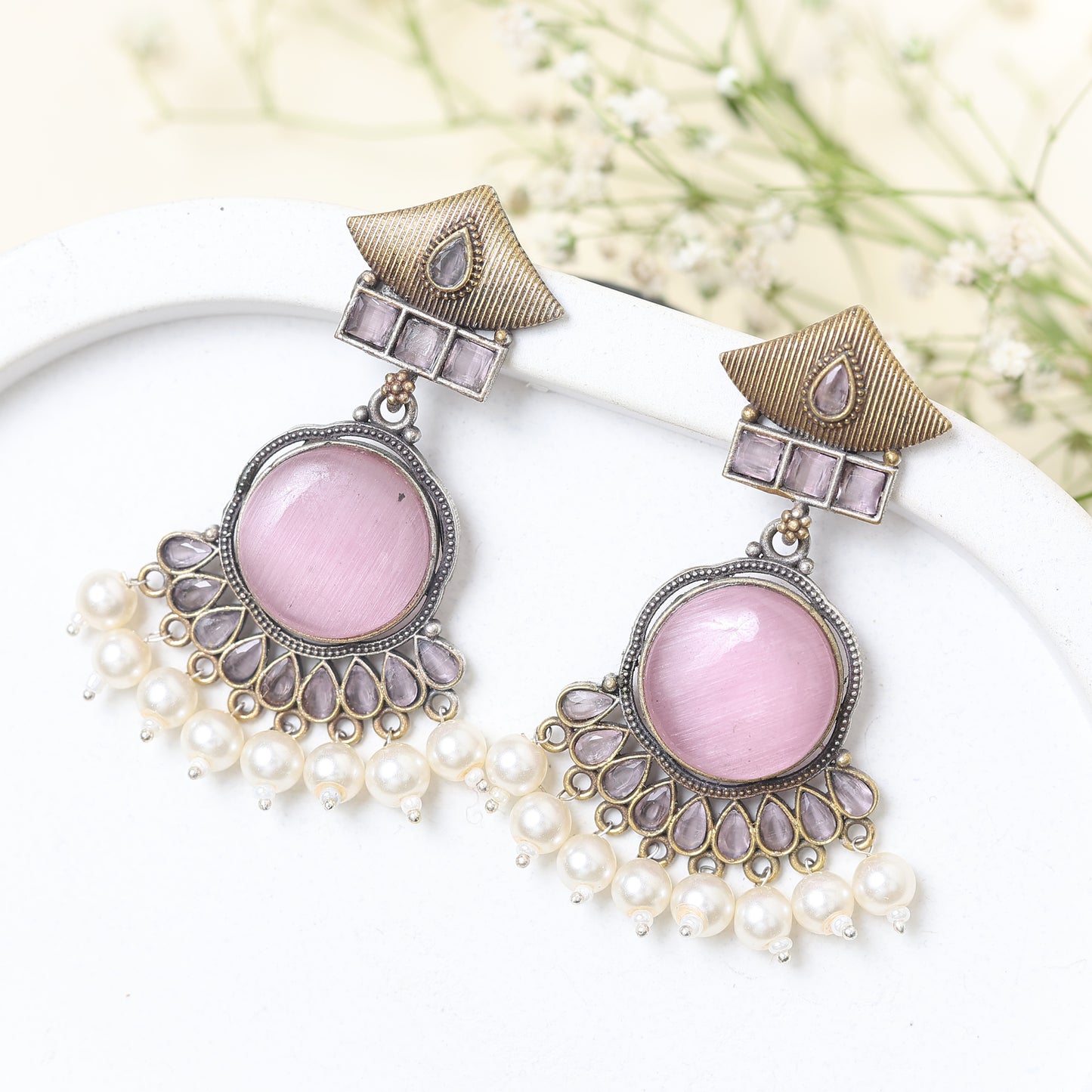 Cap Style Pink Stone Earring